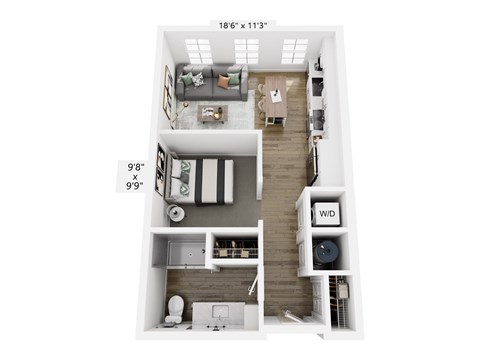Floor plan for studio, 1 bath, 555 sqft